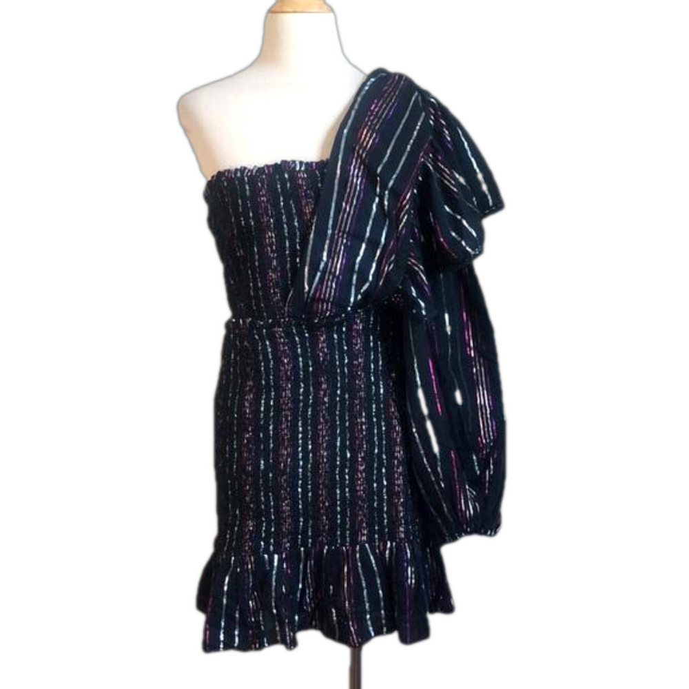 FARM Rio Lurex Metallic Stripes One Shoulder Mini Dress Cotton Blend Large NWOT